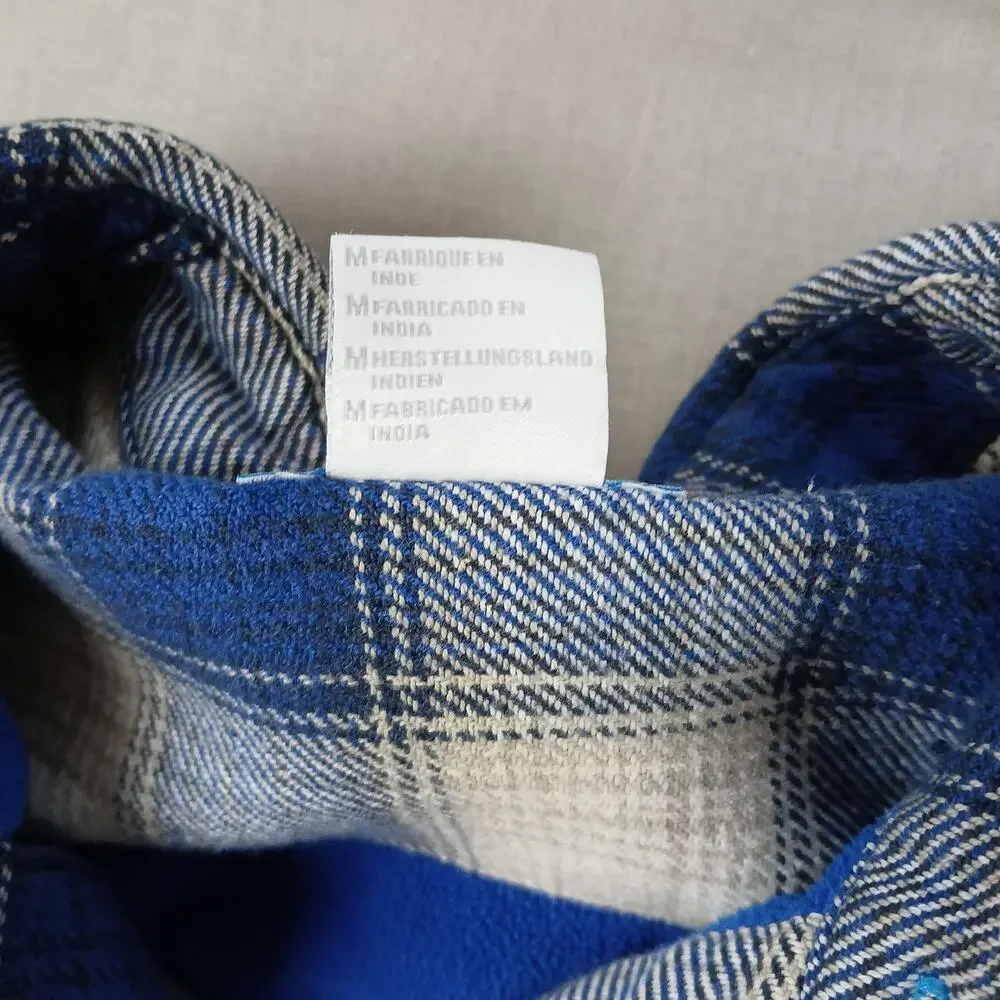 Columbia fleece-lined flannel shirt jacket mens M repaired blue white plaid